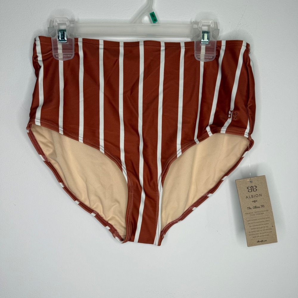 A23 Albion Fit Sydney High Waisted Bikini Bottoms Rust White Striped Medium NWT